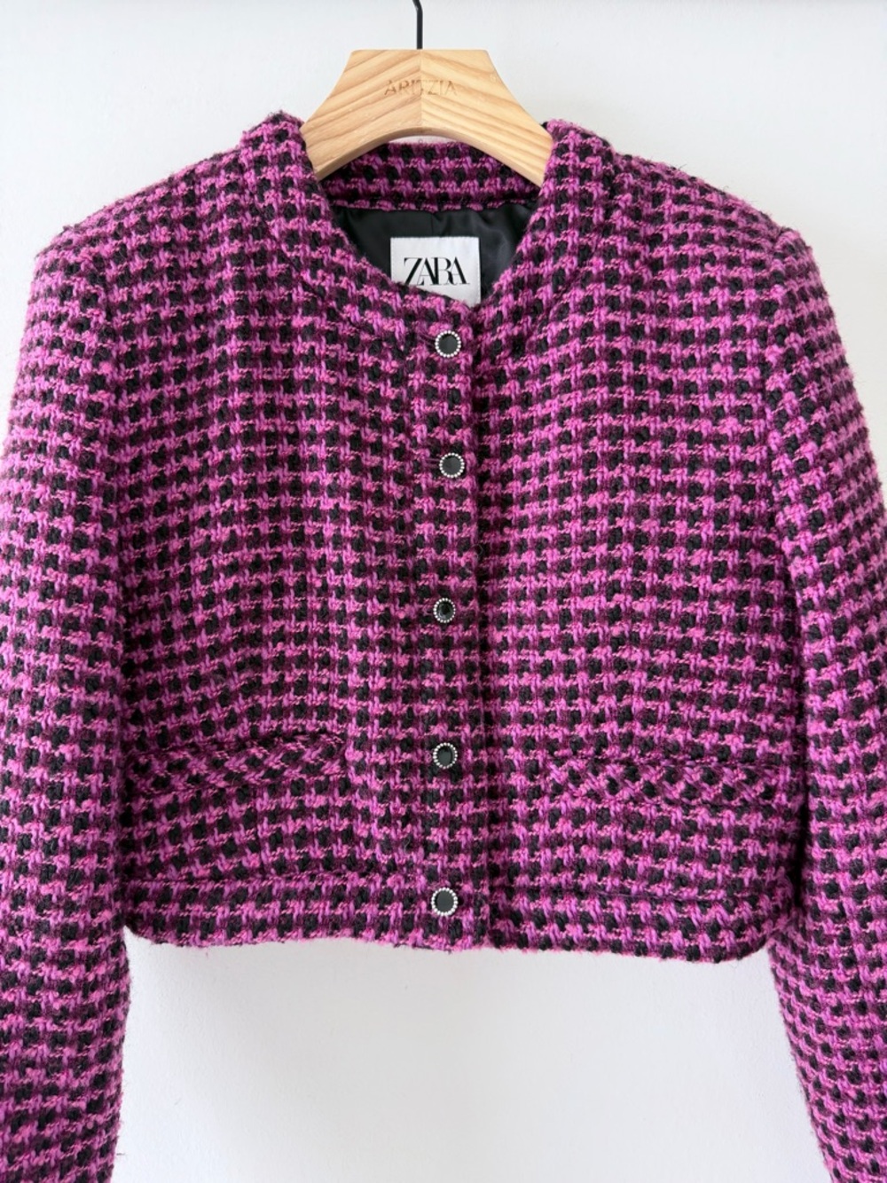 ZARA Tweed Cropped Jacket Pink Black Wool Blend Button Front Size M - Picture 4 of 16